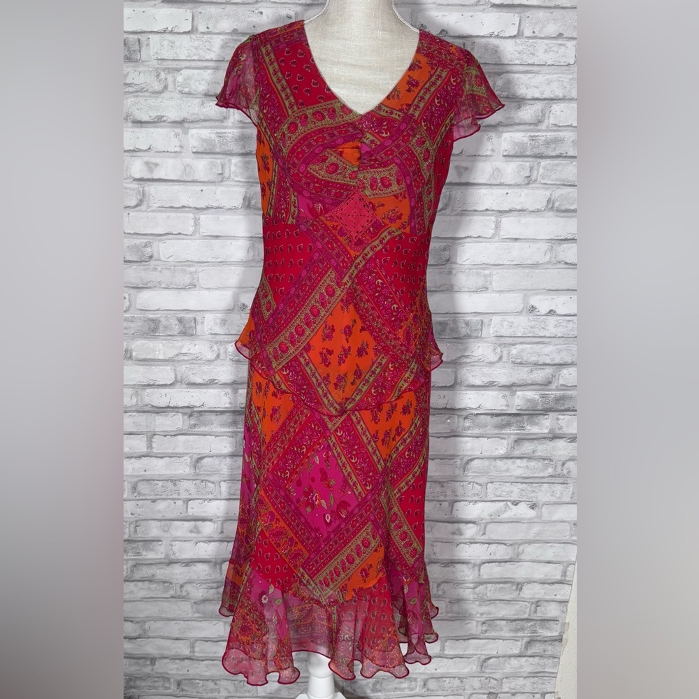 Ombre Pink Orange Sheer Patchwork Pattern Midi Skirt Blouse Top Set